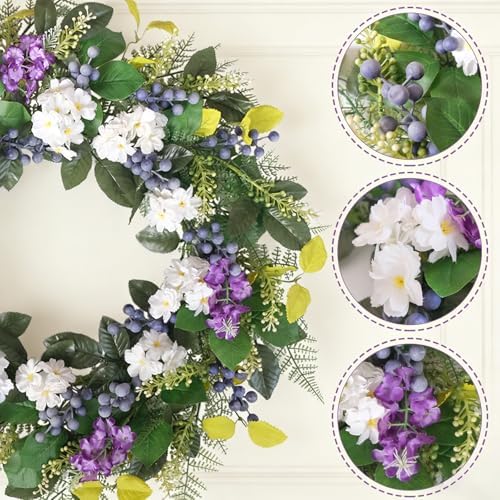 Idyllic 24 Inch Spring Summer Wreath for Front Door - Artificial Blueberry Bunch Wreath with White Purple Flowers Floral Decor for Window Mantel Wedding Indoor Outdoor Home Decoration - Image 3