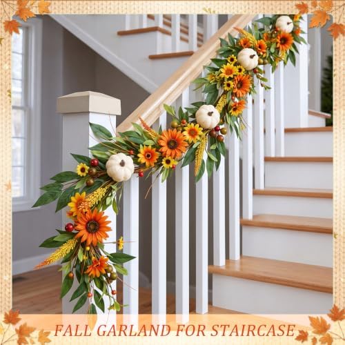 Riceshoot Fall Garland 6 Ft Sunflower Pumpkin Mantel Thanksgiving Decor - Image 4