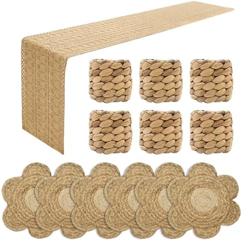 Burlap Placemats Set of 6 with Burlap Table Runner and Rattan Napkin Rings, Made of Natural Cotton and Corn Husk, Non-Slip Heat-Resistant Boho Fall Placemats Table Décorfor Dining Table Décor by Unknown