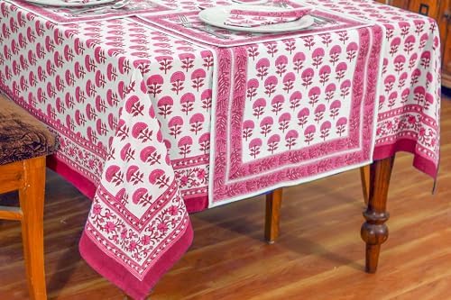 72x160 Inches Rectangle Hand Block Printed Cotton Tablecloth, White Pink Floral Table Cloths Washable, Indian Table Linen for Halloween Christmas Outdoor Thanksgiving Gifts Home Decor Dinning Outdoor - Image 2