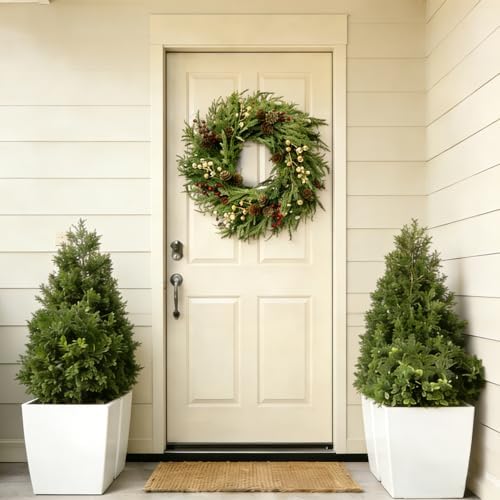26" Norfolk Pine Wreath, Large Greenery Wreath for Front Door, Green Year Round Real Touch Artificial Greenery Wreath for Wall Porch Rustic Farmhouse Home Decor, with Lights, Red Bow, FF10 - Image 3