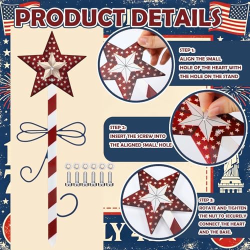 6 Pcs 15" 4th of July Metal Yard Stakes Patriotic Outdoor Garden Decorations Stake Red Blue White Star Yard Sign for 250th Independence Day Porch Patio Walkway Lawn Decoration - Image 5