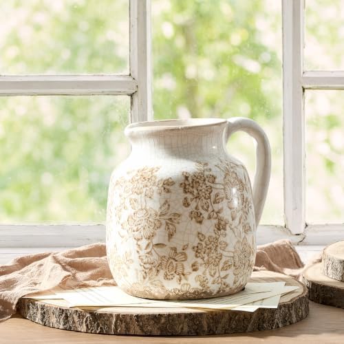 Ceramic Vintage Vase, Utensil Holder, Brown Decorative Flower Vase Chinoiserie Decor Rustic Farmhouse Retro Floral Vases for Table Bookshelf Mantel Kitchen Living Room Office - 6.7” Brown 016 - Image 4