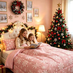 Erosebridal Pink Christmas Comforter Set Queen Girly Romantic Snowflake Duvet Insert Princess Winter Quilt Girls Modern Style Bedding Set Bedroom Decor Pink Floral Bedding Set & 2 Pillowcases - Image 4