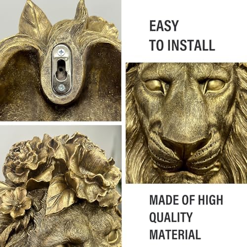 GUSFREUD Gold Animal Heads Sculptures Wall Art - Resin Faux Lion for Home Wall Decor, Lion Wall Hanging Decoration for Living Room, Bedroom & Kitchen, Unique Gift Idea - Image 4