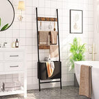 HOOBRO Blanket Ladder with Basket, 17.3”L x 63.4”H, Towel Rack with Hooks, Blanket Holder Rack, Decorative Ladder Shelf, Drying and Display Rack for Bathroom, Living Room, Rustic Brown BF31CJ01 - Image 3