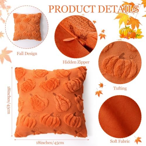 Tiamon 4 Pcs Fall Throw Pillow Covers 18 x 18 Inch Autumn Pillow Cases 3D Embroidered Pumpkin Leaf Plush Fluffy Faux Fur Cushion Covers for Thanksgiving Harvest Decoration Farmhouse Home Sofa Couch - Image 2