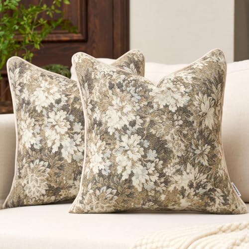 FANAMI Vintage Floral Throw Pillow Covers 18x18 Set of 2 Boho Farmhouse Accent Pillowcase Neutral Modern Chenille Square Decorative Cushion Covers for Couch Sofa Bed Living Room Home Decor, Beige by Fanami