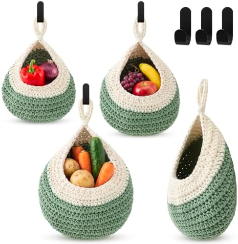Honeydak 3 Hanging Baskets, White with Sage Green, Teardrop, Cotton Rope by Honeydak
