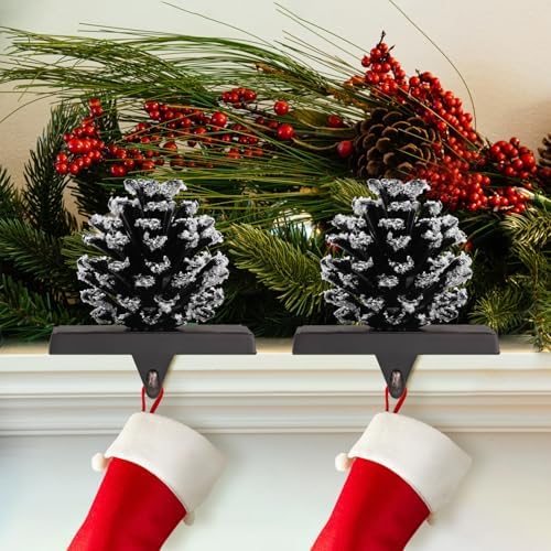 Hxezoc 2 Pack Pine Cone Christmas Stocking Holder with Snowflake, 3D Brown Metal Mantel Stocking Hangers for Christmas Fireplace Mantel Decorations Christmas Holiday Supplies - Image 3