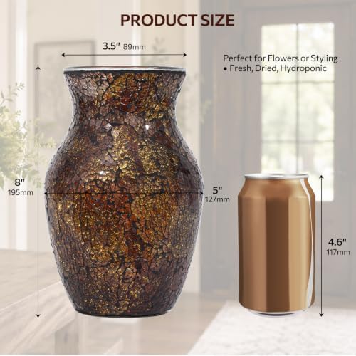 Mosaic Glass Vase, 8" H, Beautiful Mosaic Brown Glod Vase for Living Room Bedroom Bouquets, Handmade, Home Decor, Brown Glod - Image 2