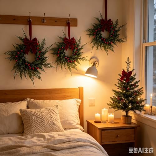 6 Pcs Small 4th of July Hanging Wreaths for Cabinets Patriotic Mini Candle Ring Wreath with Red White Blue Flowers (4, Dark Brown Bow Cedar Red Berries) - Image 4