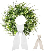 26 Inch Large Artificial Boxwood Wreaths for Front Door All Season, Eucalyptus Wreath with 2 Sashes, Baby's Breath and Flower Buds, Summer Farmhouse Greenery Decor for Outdoor, Porch, Home by Wizcave