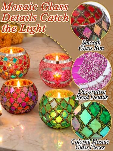 Diwali Decorations for Home, 3.1" Opening Mosaic Glass Candle Holder, 4Pcs - Image 4