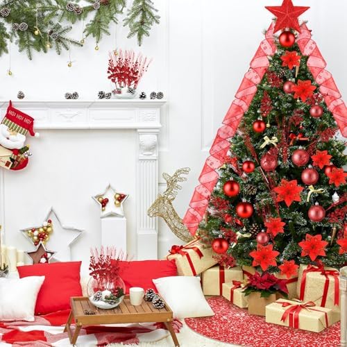 Realspring 72 Pieces Christmas Tree Ornament Set Xmas Assorted Decorations Bulk Glitter Poinsettia Berry Picks Topper Star Sequin Tree Skirts for Home Wreaths Holiday Party Favors (Red) - Image 6