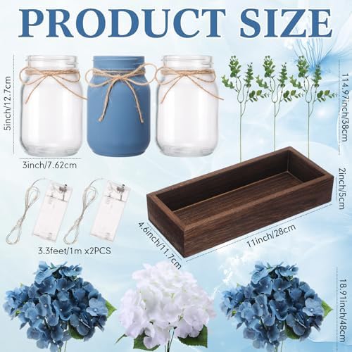 Suncalla 3 Pcs Blue White Artificial Hydrangea Mason Jar Table Centerpiece - Image 2