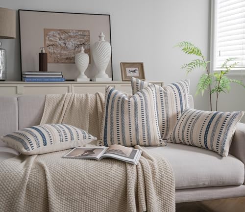 Cethom Blue and Beign Boho Throw Pillow Covers 22x22 Inch Set of 2, Stripe Textured Decorative Couch Pillow Cases for Bed, Sofa, Living Room, Bedroom, Farmhouse Home Accent Cushion Covers - Image 6