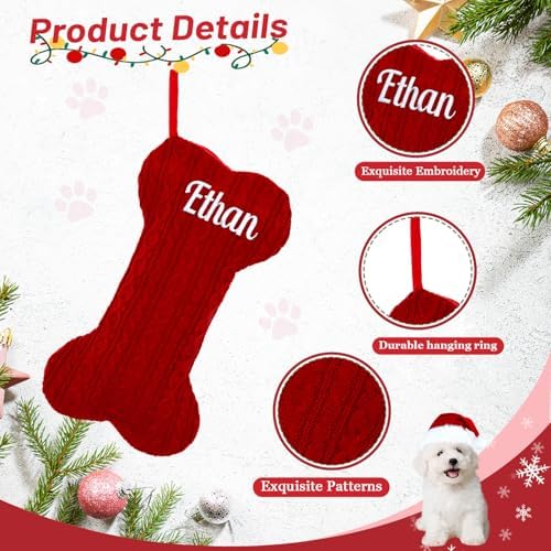 Personalized Dog Christmas Stockings, Custom Embroidered Knit Bone Shape - Image 3