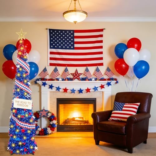 4th of July 5 Ft Artificial Christmas Tree Pop-Up Collapsible Pencil Christmas Trees with 100 Color for Indoor Outdoor Independence Day Patriotic Party Decorations (red Blue) - Image 6