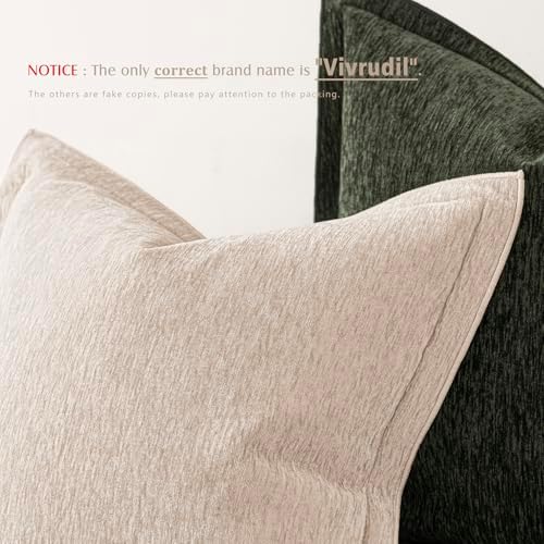 Decorative Chenille Luxury Throw Pillow Covers with Wide Edge, Textured Solid Pillowcases, Soft Velvet Cushion Cover Home Décor for Couch Sofa Chair Bed,18×18 Inch, Set of 2, Light Beige - Image 3