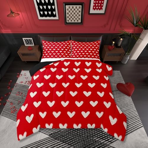 Red White Comforter Set Full Size Cute Heart Pattern Bedding For Kids Boys Girls Valentine Day Gift Quilt Cartoon Love Geometric Duvet Insert Love Heart Soft Warm Bedding Sets Bedroom Decor 3Pcs by Erosebridal