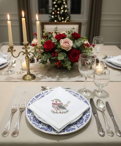 Embroidered Cloth Napkin Bird Christmas Cotton Napkins Set of 6, 20 x 20 Hemstitch Table Napkins, Machine Washable, for Daily & Holiday Dining, Great Gift Ideas - Image 5