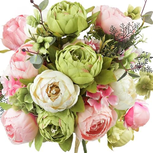 FiveSeasonStuff Artificial Peony Bouquet, Pink, Beige & Green Silk Flowers for Wedding Centerpieces, Bridal Bouquets & Home Decor – Spring Waltz by FiveSeasonStuff