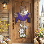 BBTO He Is Risen Easter Door Sign, 31.5 x 15.75 Inches Durable Wooden Religious Cross Hanging Decor Easter Wreaths for Front Door Christian Flowers Lent Hanging Hanger for Farmhouse Front Porch - Image 3
