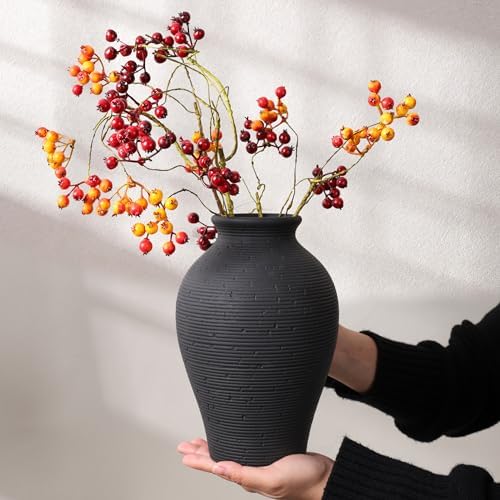 Ceramic Flower Vase Home Decor, 9 in Farmhouse Table Vases Rustic Vintage Living Room Kitchen Bedroom Pottery Decorative Vases for Flowers House Book Shelf Office Coffee Desk Dining Entryway, Black - Image 5