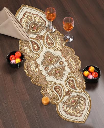 Lightnpro Beaded Christmas Table Runner, Fancy Handmade Decorative Embroidery Gold Runner for Christmas Xmas New Year Family Party Decoration - 13x36 Paisley Design - Image 2