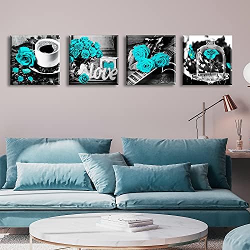 DJSYLIFE Teal Rose Canvas Wall Art Set of 4 for Bedroom, 12x12 Inch - Image 5
