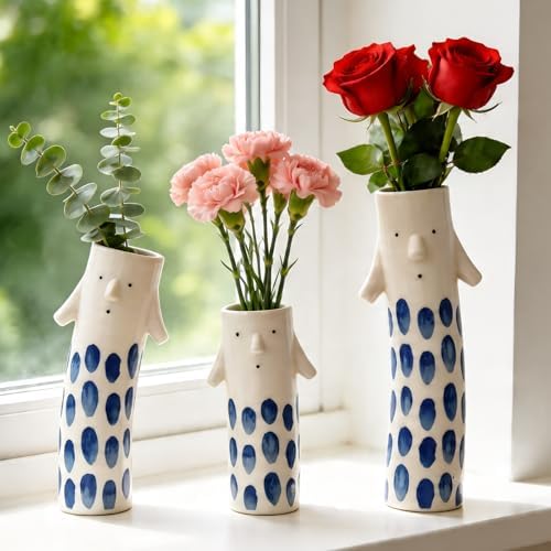 Cute Family Face Vases Set of 3-Unique Ceramic Bud Vases for Small Flower by MOUGIGI