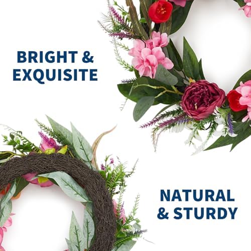 18in Summer Wreath for Front Door, Realistic Artificial Floral Door Wreath with Real Rattan Base, Includes 2 Matching Bouquets, Fake Flower for Spring Front Home, Mother's Day - Image 6