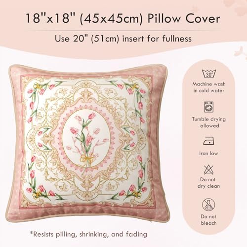 Vintage Pink Floral Pillow Cover 18x18, Tulip Garden - Image 6