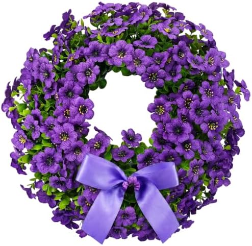 18" Purple Artificial Wreath for Front Door - All Season Faux Floral Wreath with Elegant Silk Bow for Spring Summer Wall Window Farmhouse Decor, Ideal Wedding by Thoughtfulessentialsforeverydayliving