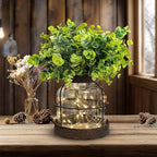 Rustic Farmhouse Glass Vases with Green Artificial Eucalyptus Plants & Lights Primitive Vintage Lantern Home Decor Centerpiece for Counter Coffee Table Shelf Desk Office Dining Room Kitchen Bathroom by Swarenly