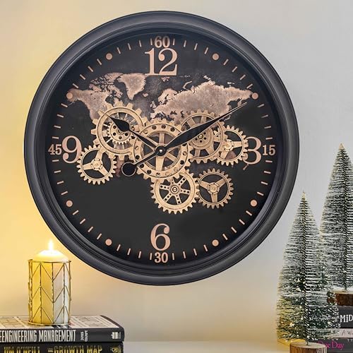 CLXEAST 24 Inch Wall Clock with Real Moving Gears,World Map Pattern by CLXEAST