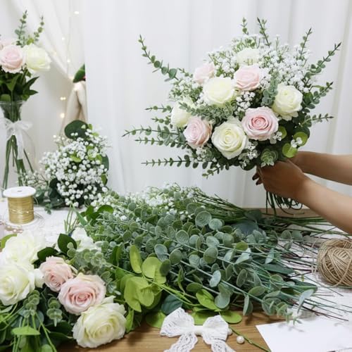 Mixed Eucalyptus Leaves Stems Bulk Artificial Silver Dollar Leaves Picks Dried Eucalyptus Bundle Faux Spray for Wedding Vase Bouquet Decor (120, Green/White) - Image 4