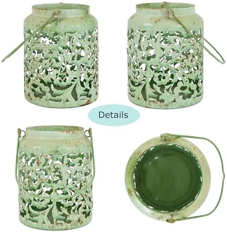 Vintage Metal Candle Lanterns with Handle Rustic Distressed Light Green Decorative Candle Holder with Floral Cut-Out Design for Home, Garden, Patio, Porch, Parties, Weddings Decor - Image 3