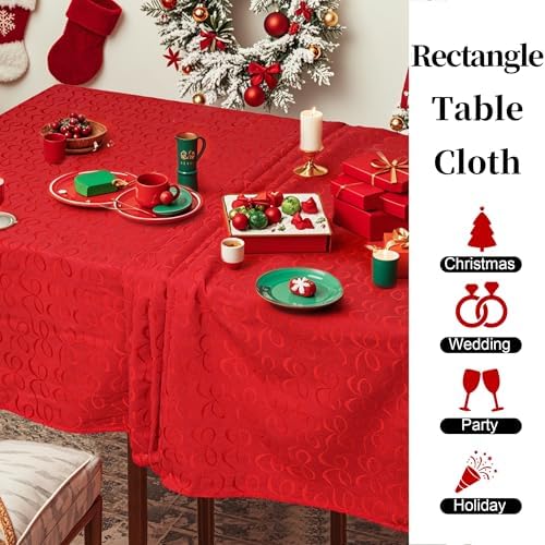 Premium Holiday Tablecloth 60 x 84 inch (6-8 Seat), Table Cloths for 6 Foot Rectangle Tables, Cotton-Polyester Blend, Table Cover for Celebration & Wedding, Red with Bow Ties Jacquard (1 Pack) - Image 5