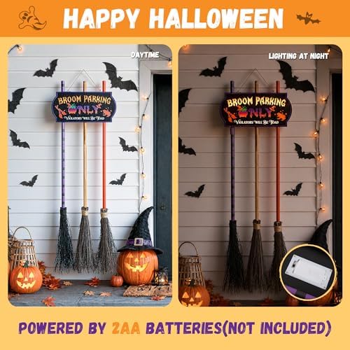 ELAMAS Halloween Decorations Light-Up Broom Parking Only Sign with 3 Witch Brooms, Violators Will Be Toad Funny Witch for Indoor Wall Outdoor Front Porch Yard Party Decor or Home Office Living Room - Image 3