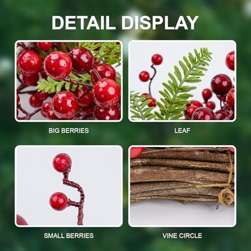 J'FLORU Artificial Christmas Wreath 20 Inch Chirstmas Wreaths for Front Door Red Berry Wreath with Pine Needles for Porch Fireplace Xmas Winter Holidays - Image 6