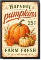 Decorative Tin Sign Vintage Metal Tin Sign Rustic Distressed Finish Harvest Pumpkins Farm Fresh Wheat Wall Decor for Farmhouse Kitchen Pantry Market 12×16 Inches with Metal Frame by Unknown
