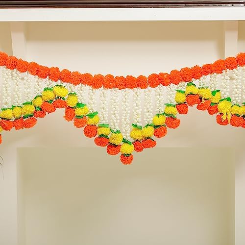 Desi Favors 5 Ft Marigold Jasmine Toran Toran Door Hanging Marigold Decorations for Pooja Bandhanwar Diwali Decorations for Door Mantle Indian Thoranam Decorations (Pack of 1) Yellow Orange & White - Image 5