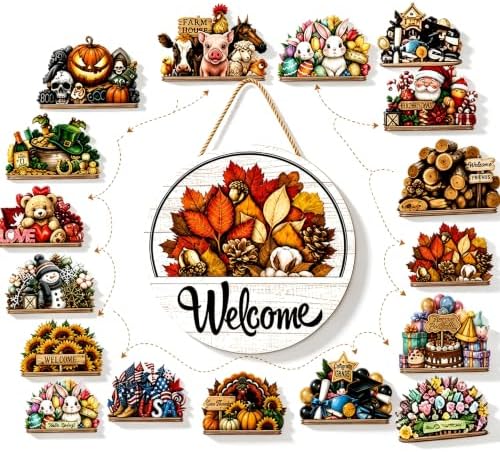Interchangeable Welcome Sign for Front Door - 11.8'' Magnetic Seasonal Wood Hanging Sign with 16 Magnetic Icons, Interchangeable Welcome Sign for Front Door，16pcs by Unknown