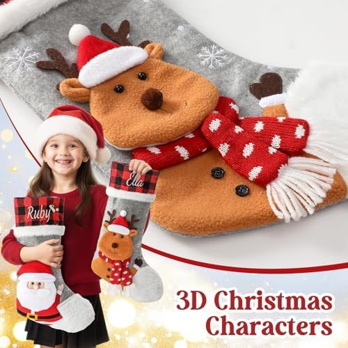 Personalized Christmas Stockings with Embroidered Name & Monogram,Custom 3D Xmas Character Stocking 3 Pack 18” Large,Santa,Snowman & Reindeer Fireplace Hanging Red Burlap Plaid Stockings(F) - Image 2