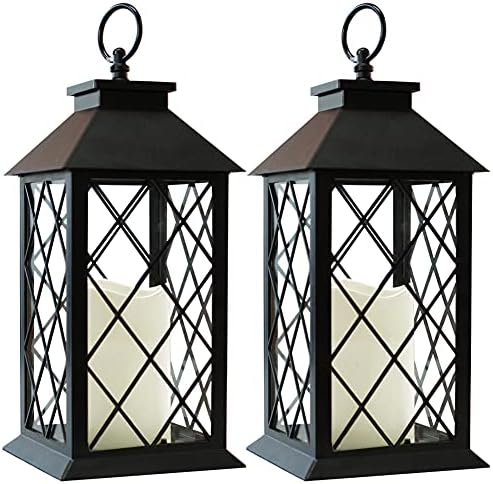 2-Pack 13.5" Vintage Candle Lantern with LED Pillar Candle (Black, 6hr Timer) - IP44 Waterproof Battery Powered Decorative Light - Outdoor Patio Hanging Lantern Decorative Tabletop Light by BrightZeal