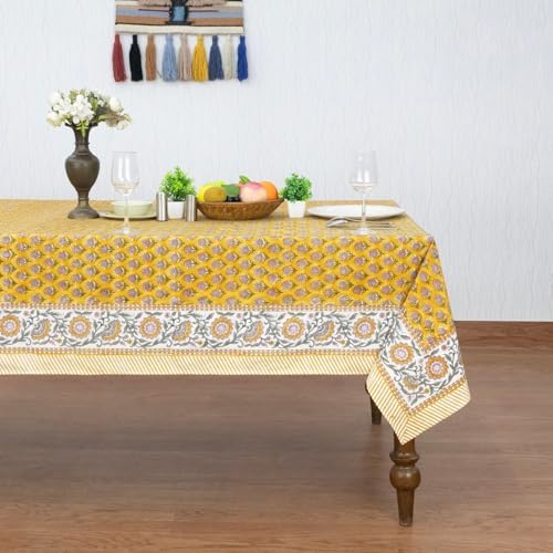 Home Spun & Crafts 72x118 Inches Rectangle Hand Block Print Tablecloth, 100% Cotton, Bee Yellow Floral Table Cloths Washable, Traditional Indian for Dining Outdoor Thanksgiving Halloween Christmas - Image 2