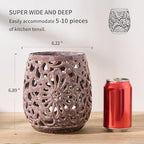 Farmhouse Kitchen Utensil Holder for Kitchen Counter, Ceramic Large Cooking Utensil Crock with Cork Mat, Countertop Cooking Tool Spatula Organizer, Purple Antique Design - Image 3