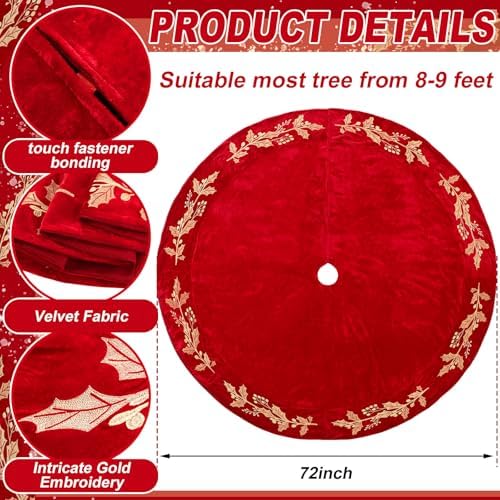72 Inch Christmas Tree Skirt Velvet Xmas Tree Skirt with Gold Embroidery Holly Leaf Decorations for Christmas Party Favors Holiday New Year Decor (Red) - Image 2